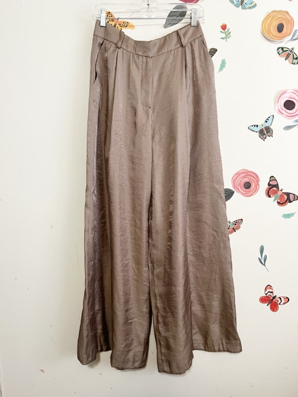 Zara Wide-Leg Satin Pants in Taupe Brown M NWT